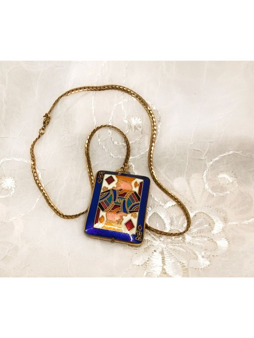 Cloisonne King Of Diamonds puffy Enamel playing card Pendant Necklace Chain - Picture 4 of 7